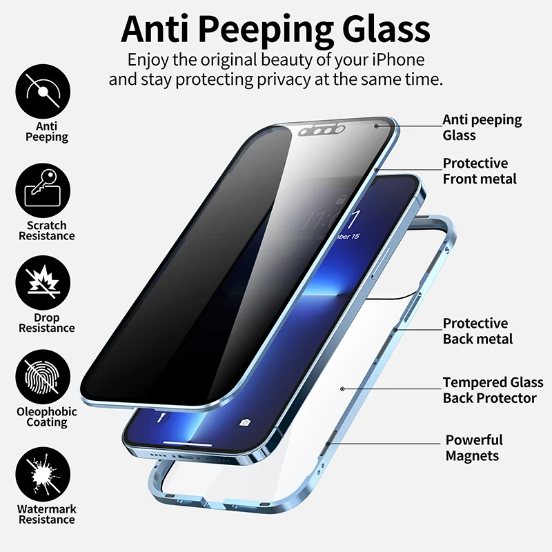 Anti Spy Privacy Glass Case - Funda Magnética de Metal con Cristal