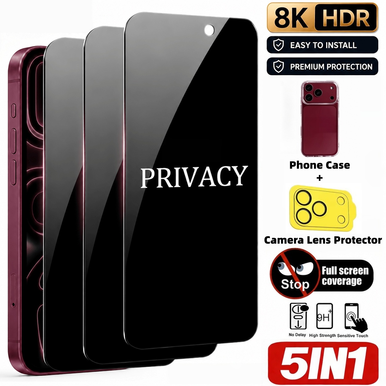 Anti Spy Privacy Glass Case - [Set de 5 Piezas] 3 Protectores