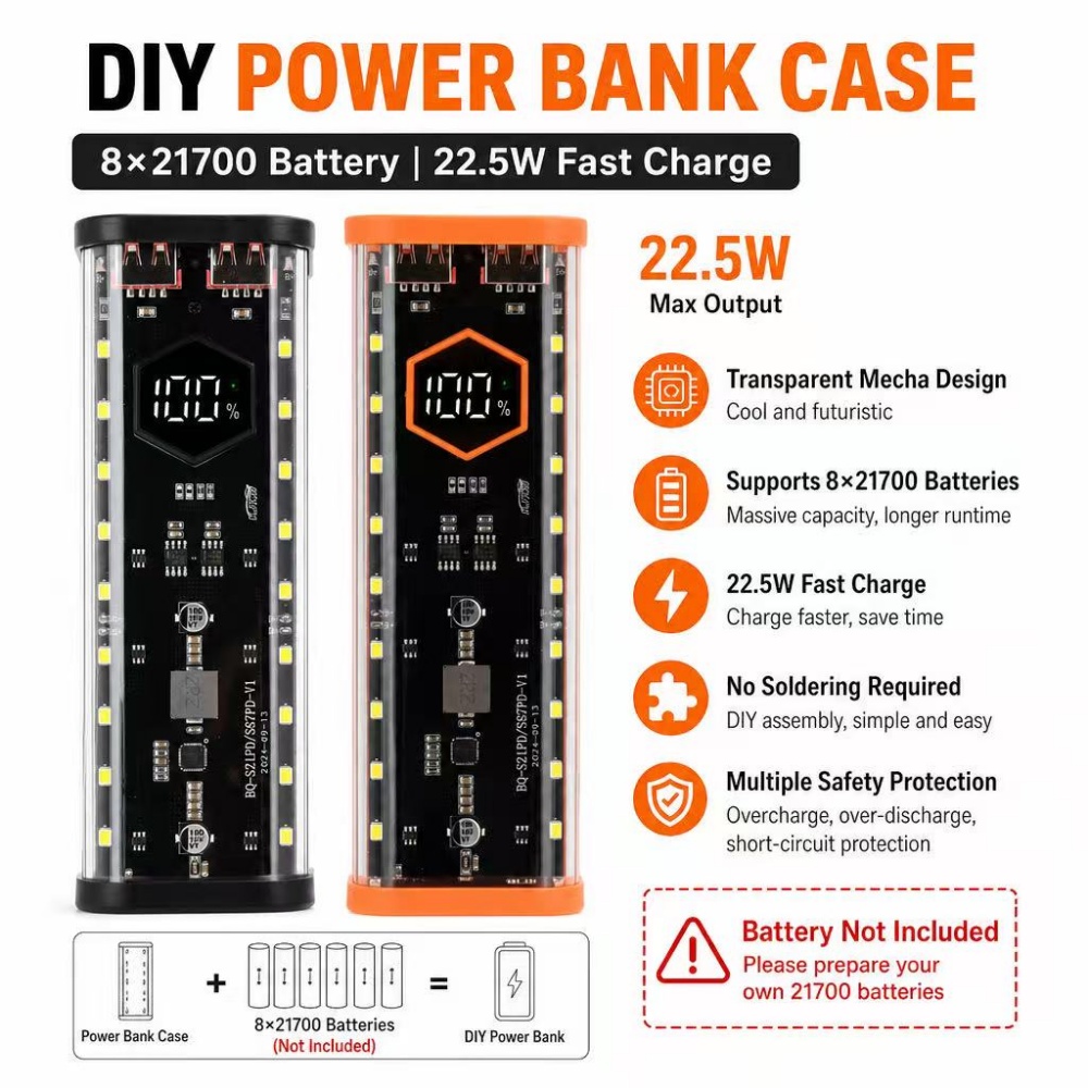 Caja para Baterías 8*21700, Ca - Power Banks reseña y precio